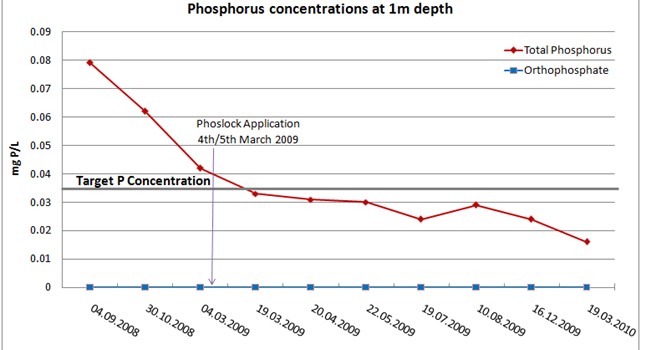 Concentrações de fósforo total e ortofosfato no reservatório Clatto a 1 m da superfície da água, Dundee, Escócia
